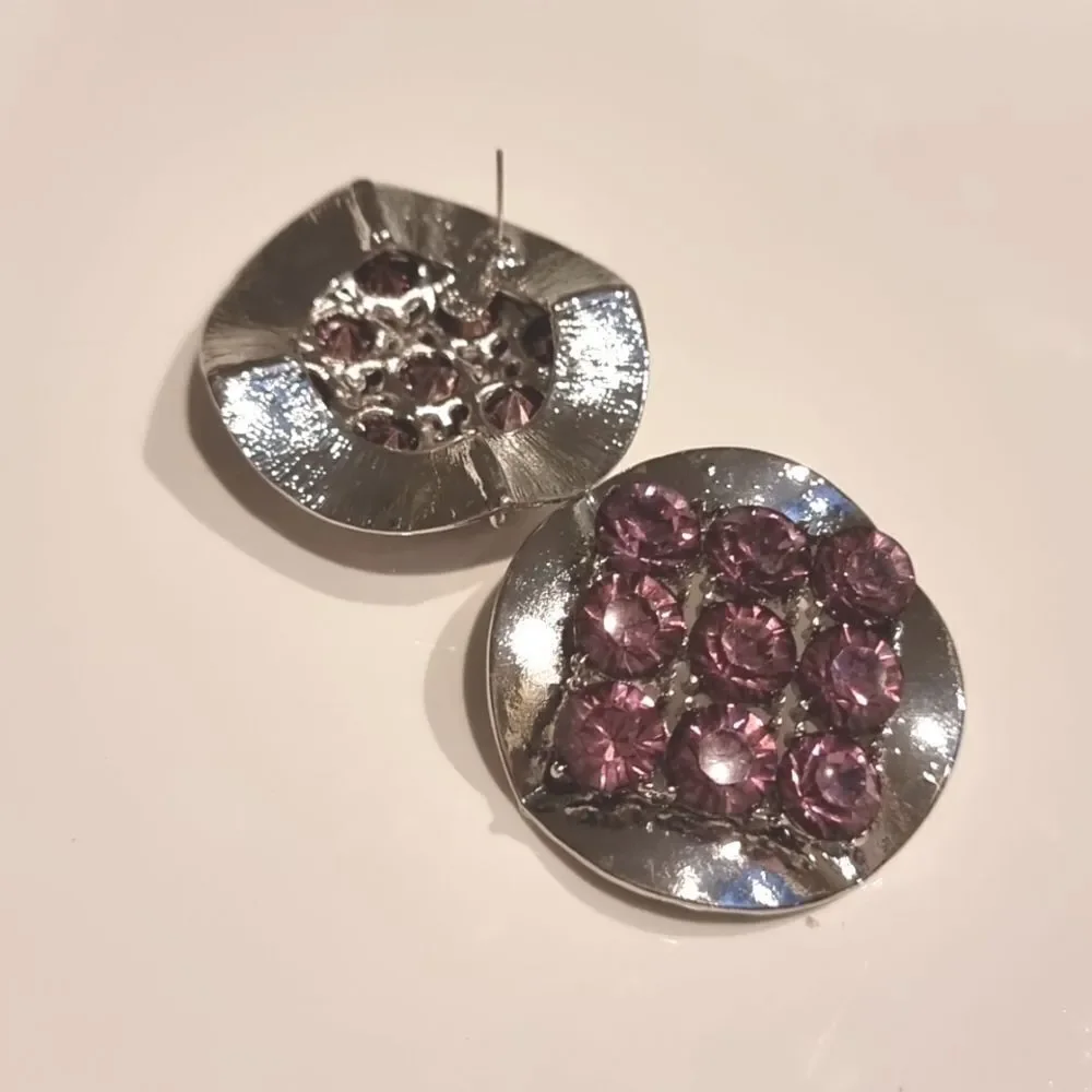 New ZARA  Exaggerated silvertone circular statement earrings with purple rhinest